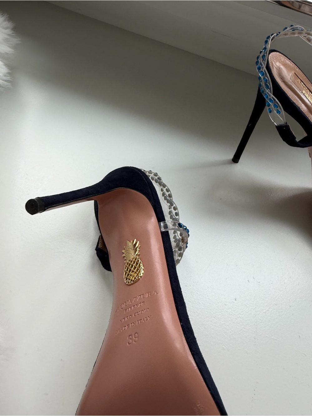 Aquazzura Navy Blue Crystal-Embellished Open-Toe Heels - Picture 5 of 7